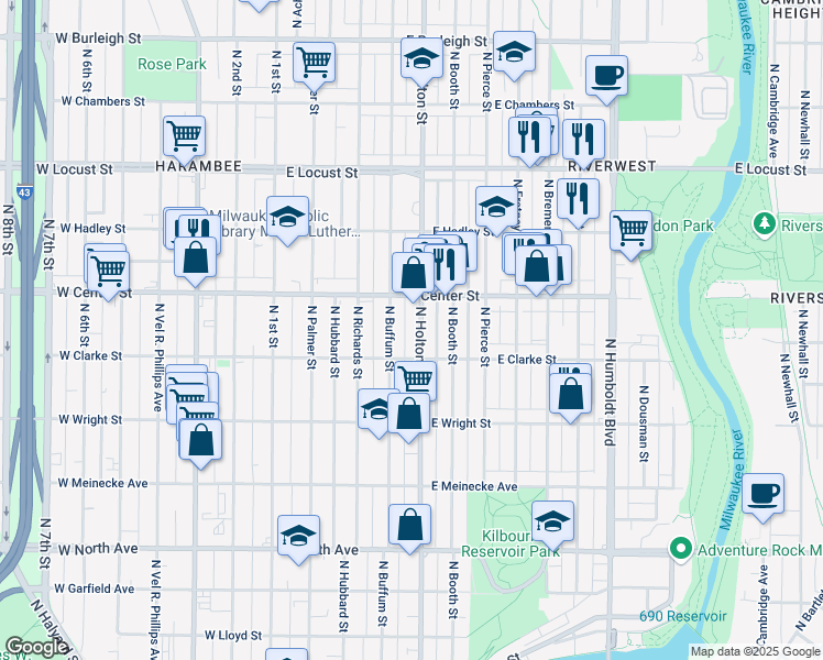 map of restaurants, bars, coffee shops, grocery stores, and more near 2637 North Holton Street in Milwaukee