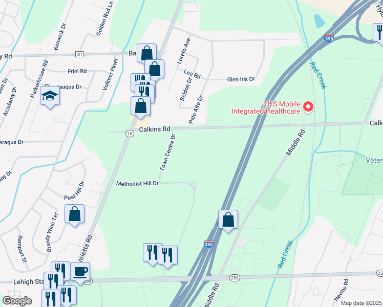 map of restaurants, bars, coffee shops, grocery stores, and more near 133 Calkins Road in Rochester