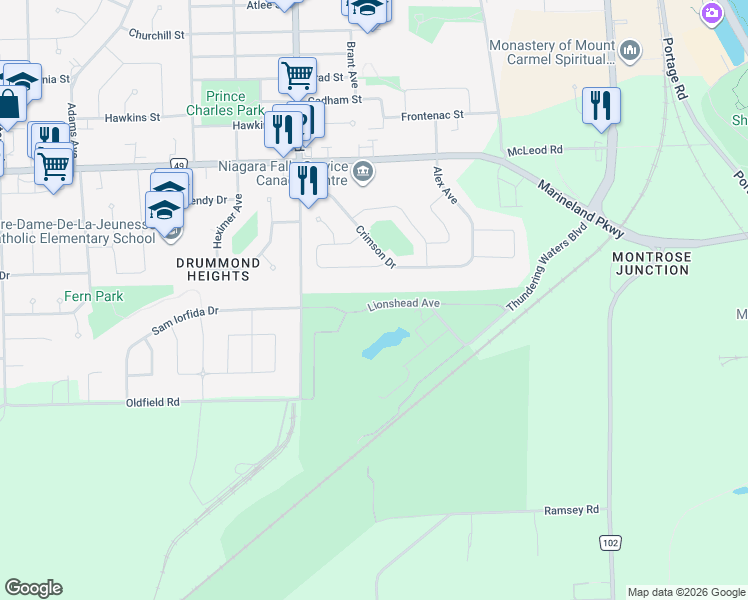 map of restaurants, bars, coffee shops, grocery stores, and more near 7423 Lionshead Avenue in Niagara Falls