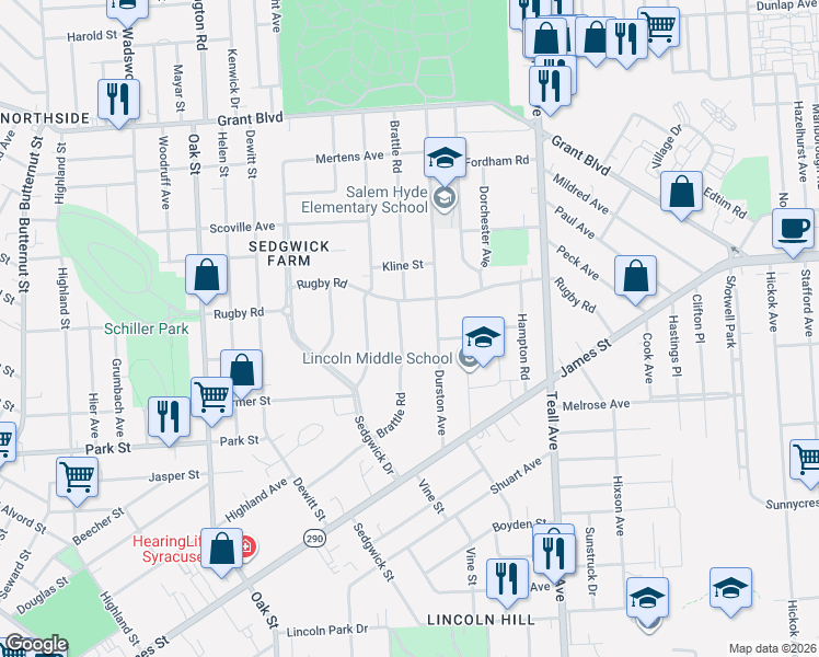 map of restaurants, bars, coffee shops, grocery stores, and more near 250 Brattle Road in Syracuse