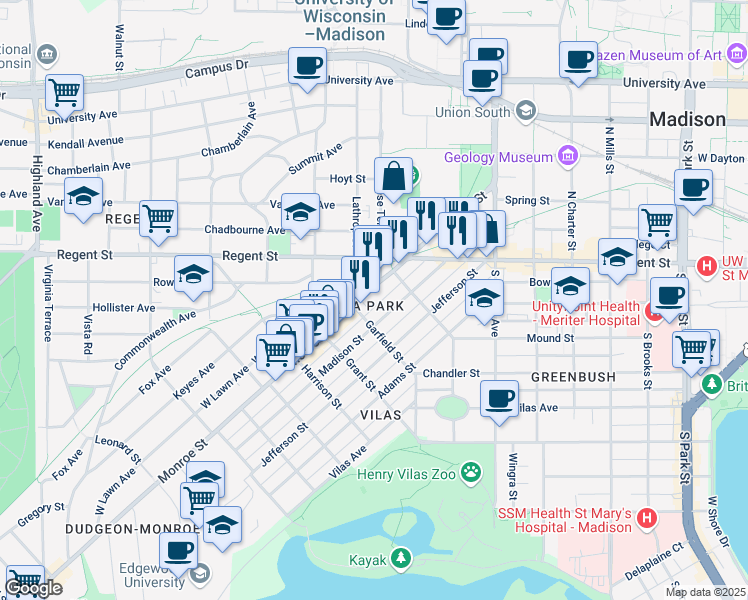 map of restaurants, bars, coffee shops, grocery stores, and more near 1610 Madison Street in Madison