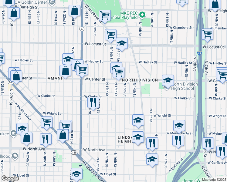 map of restaurants, bars, coffee shops, grocery stores, and more near 2627 North 16th Street in Milwaukee