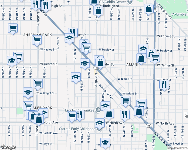 map of restaurants, bars, coffee shops, grocery stores, and more near 2629 N 27th St in Milwaukee