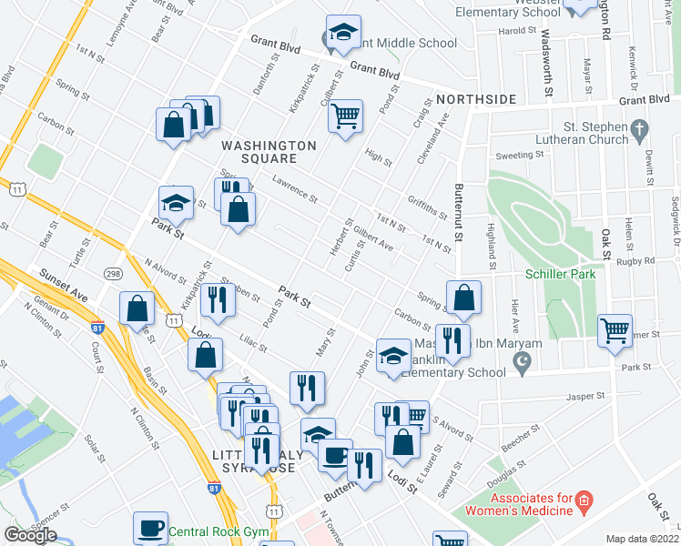 map of restaurants, bars, coffee shops, grocery stores, and more near 516 Carbon Street in Syracuse