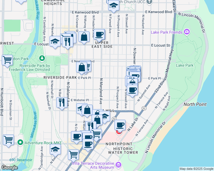 map of restaurants, bars, coffee shops, grocery stores, and more near 2617 North Farwell Avenue in Milwaukee