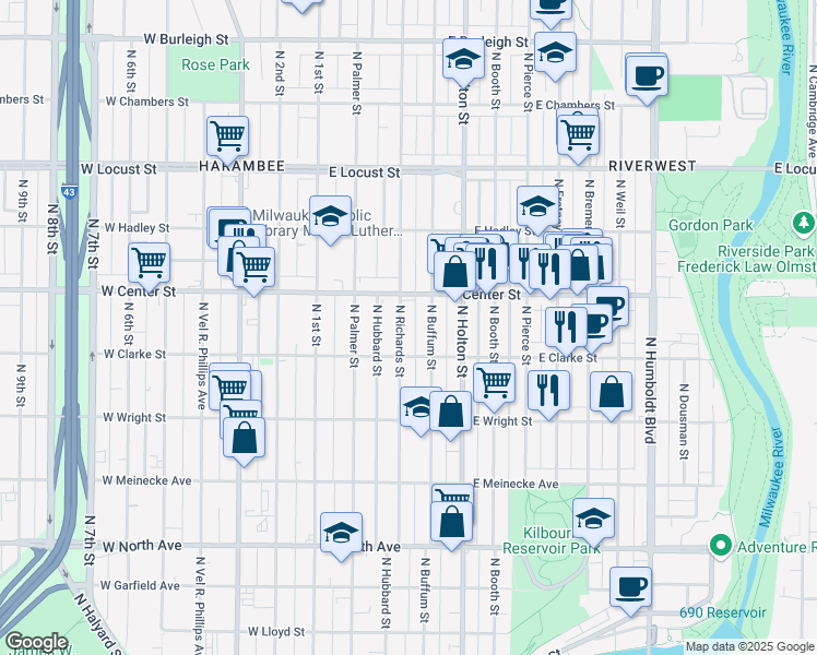 map of restaurants, bars, coffee shops, grocery stores, and more near 2636 North Richards Street in Milwaukee