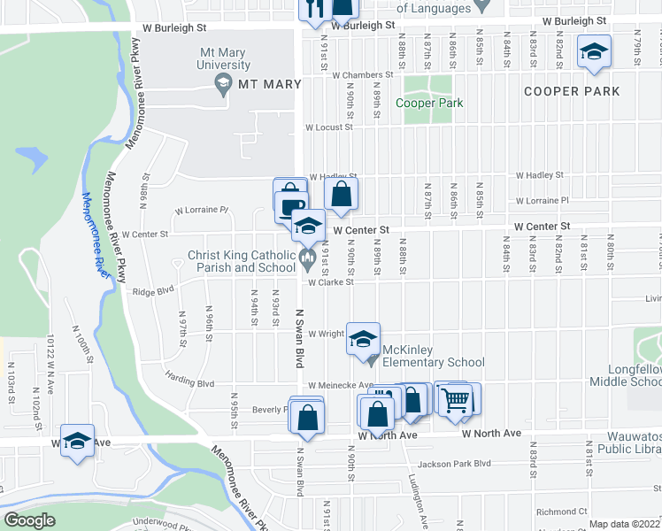 map of restaurants, bars, coffee shops, grocery stores, and more near 2622 North 91st Street in Wauwatosa