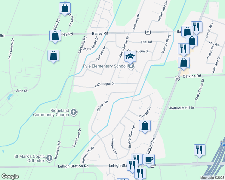 map of restaurants, bars, coffee shops, grocery stores, and more near 44 Galway Drive in Rochester