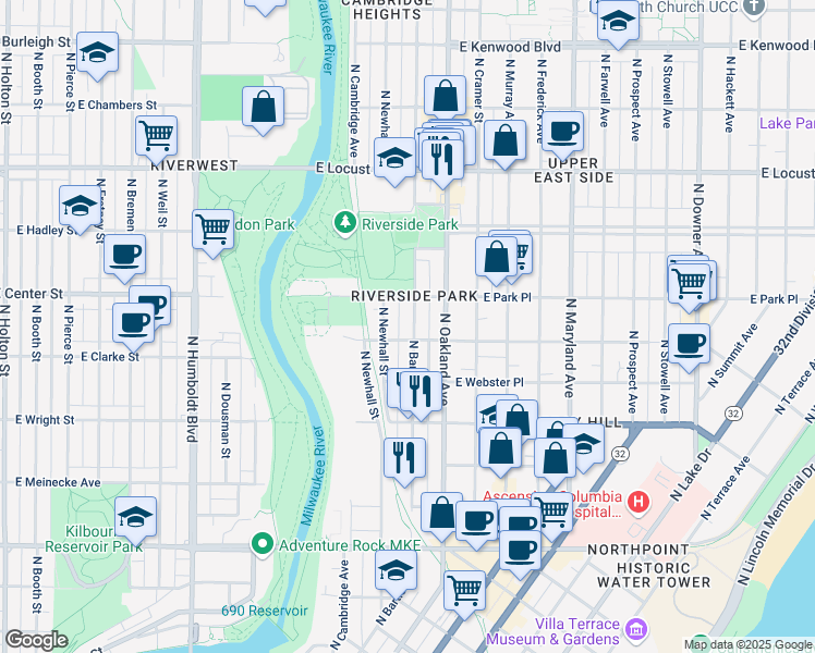 map of restaurants, bars, coffee shops, grocery stores, and more near 2613 North Bartlett Avenue in Milwaukee