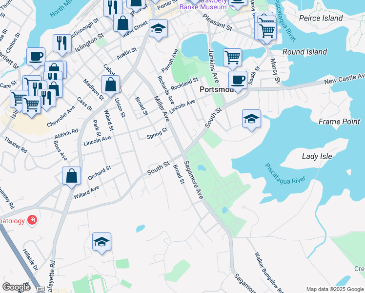 map of restaurants, bars, coffee shops, grocery stores, and more near 391 Miller Avenue in Portsmouth