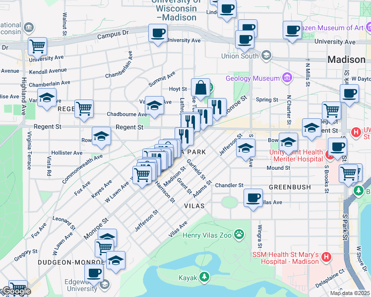 map of restaurants, bars, coffee shops, grocery stores, and more near 1650 Monroe St in Madison