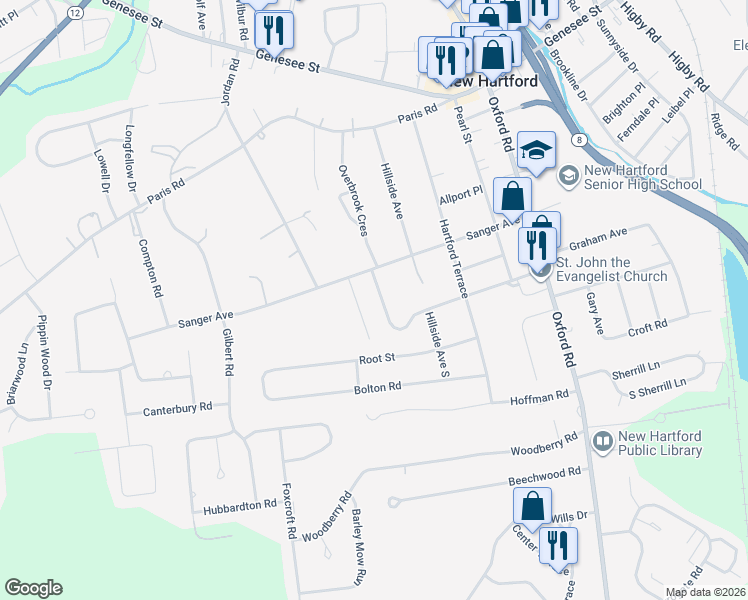 map of restaurants, bars, coffee shops, grocery stores, and more near 5 Terrace Hill Dr in New Hartford