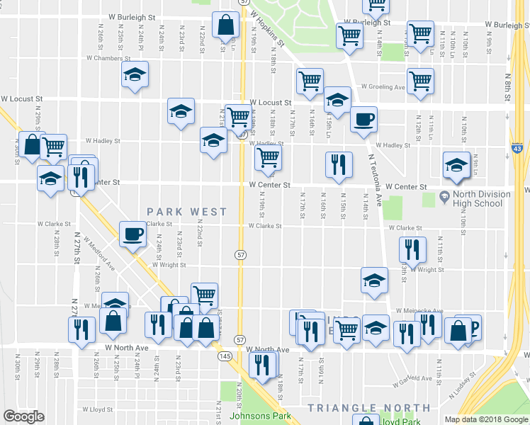 map of restaurants, bars, coffee shops, grocery stores, and more near 2624 North 19th Street in Milwaukee