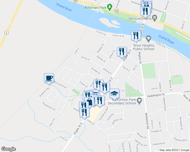 map of restaurants, bars, coffee shops, grocery stores, and more near 64 Kinross Street in Caledonia