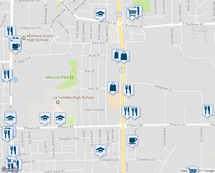 map of restaurants, bars, coffee shops, grocery stores, and more near 5028 Camden Road in Madison