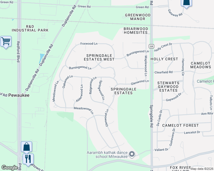 map of restaurants, bars, coffee shops, grocery stores, and more near N26W22338 Birchwood Court in Waukesha