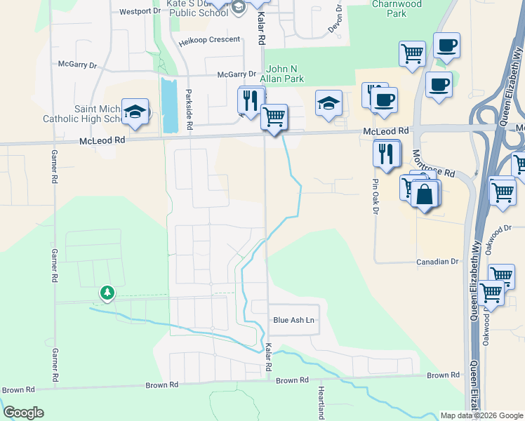 map of restaurants, bars, coffee shops, grocery stores, and more near 7549 Kalar Road in Niagara Falls