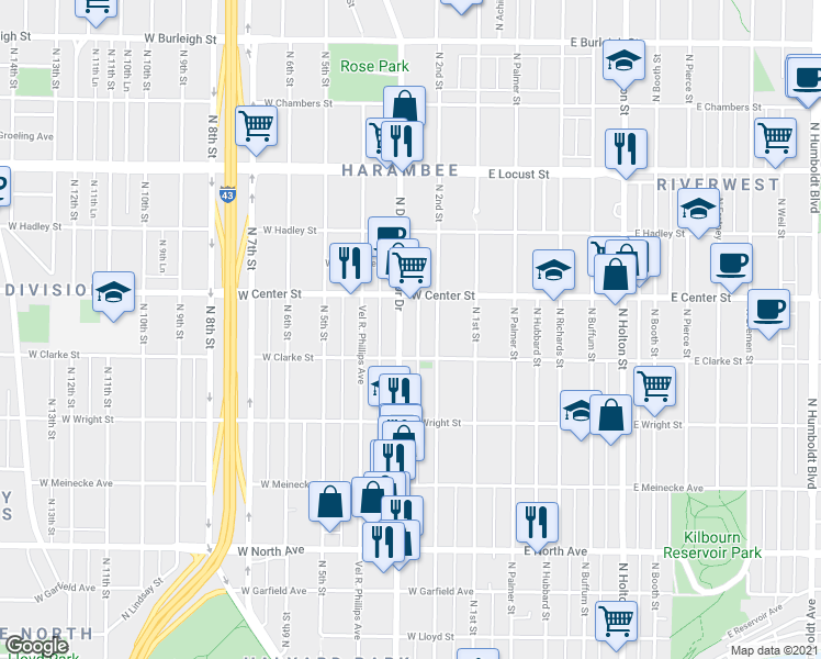 map of restaurants, bars, coffee shops, grocery stores, and more near 2638 North Doctor Martin Luther King Junior Drive in Milwaukee