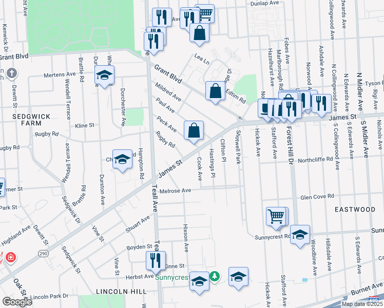 map of restaurants, bars, coffee shops, grocery stores, and more near 1920 James St in Syracuse
