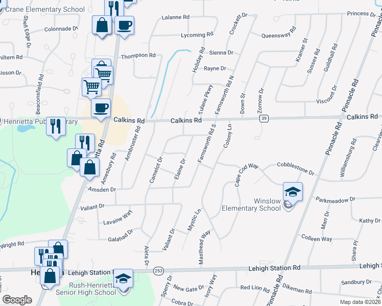 map of restaurants, bars, coffee shops, grocery stores, and more near 32 Elaine Drive in Rochester