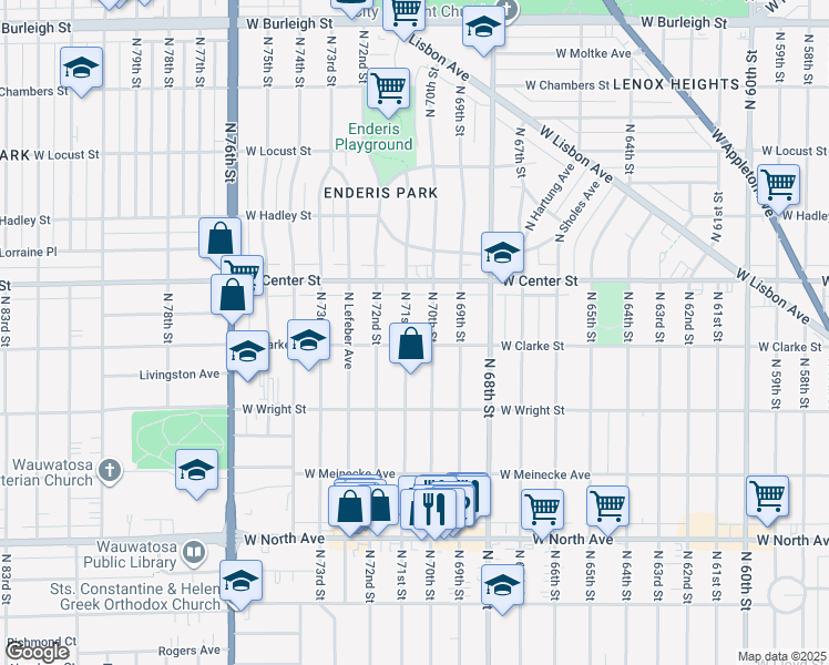 map of restaurants, bars, coffee shops, grocery stores, and more near 2608 North 71st Street in Wauwatosa