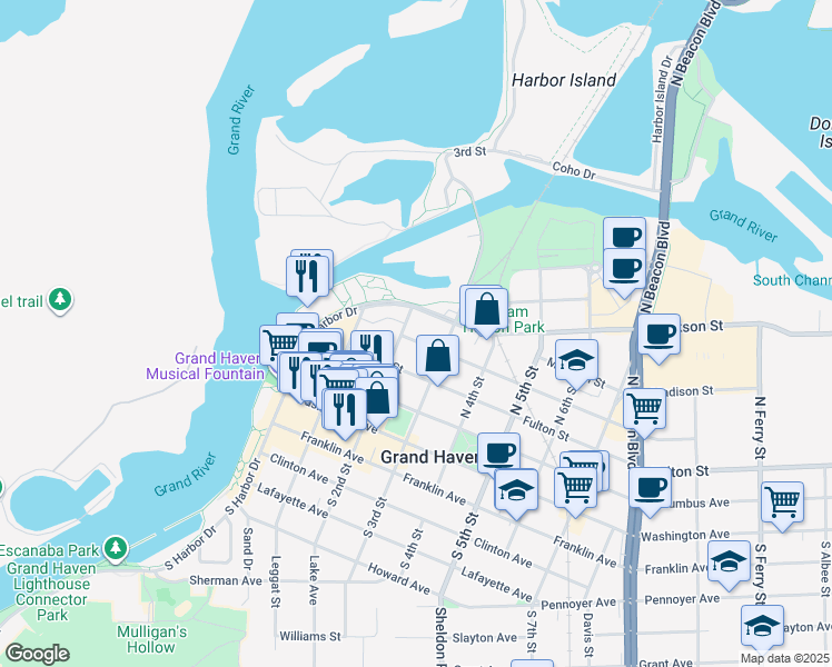 map of restaurants, bars, coffee shops, grocery stores, and more near 207 Elliott Avenue in Grand Haven