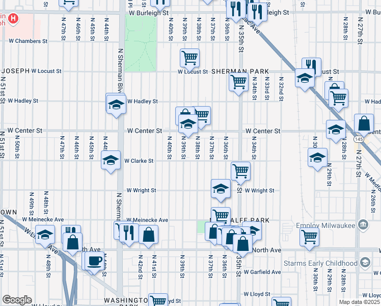 map of restaurants, bars, coffee shops, grocery stores, and more near 2623 N 38th St in Milwaukee
