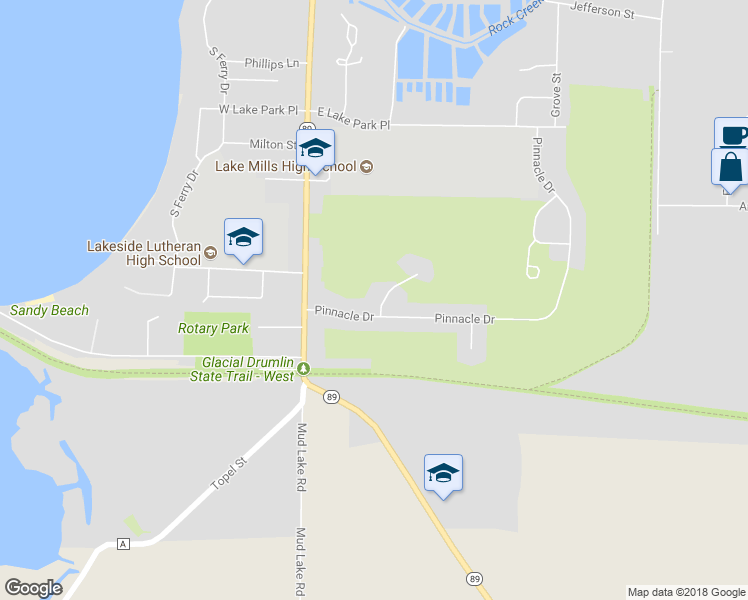 map of restaurants, bars, coffee shops, grocery stores, and more near 1051 Forest View Court in Lake Mills