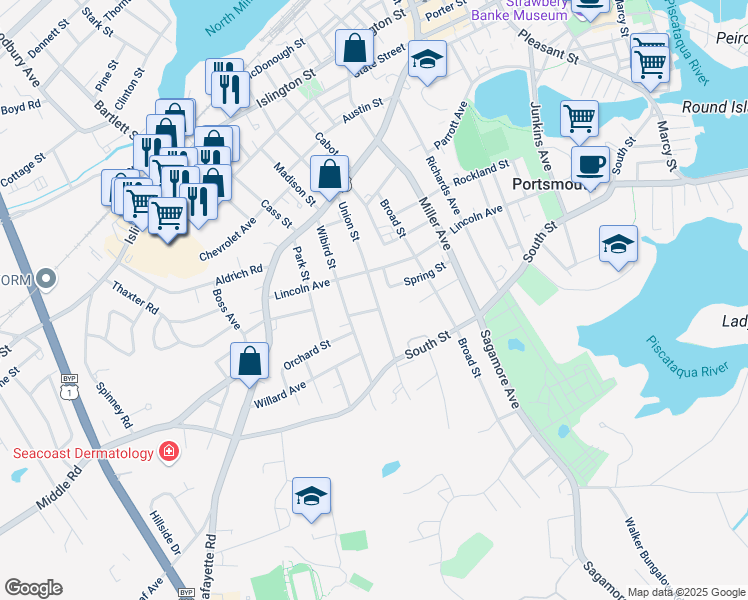 map of restaurants, bars, coffee shops, grocery stores, and more near 524 Union Street in Portsmouth