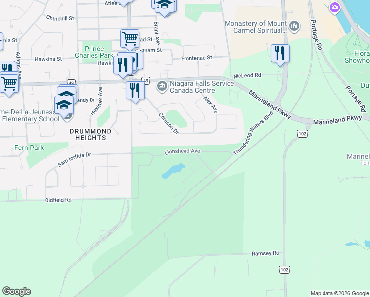map of restaurants, bars, coffee shops, grocery stores, and more near 7343 Lionshead Avenue in Niagara Falls