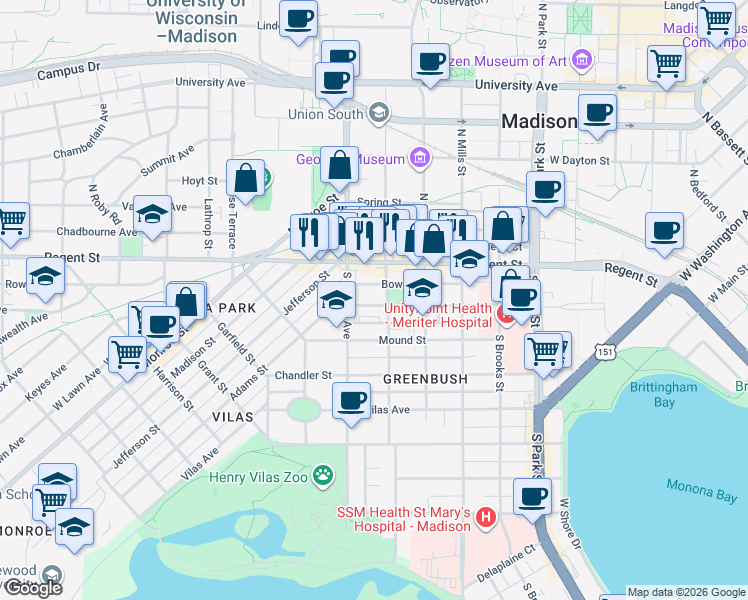 map of restaurants, bars, coffee shops, grocery stores, and more near 1314 Milton Street in Madison
