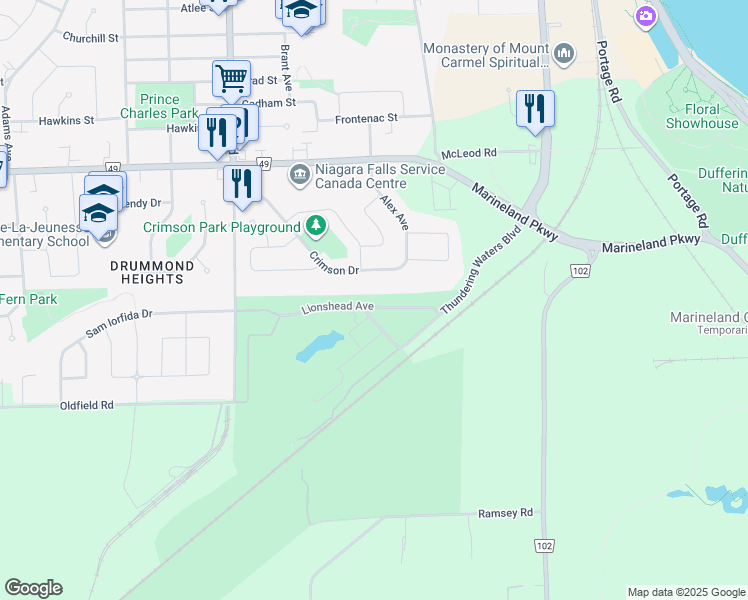 map of restaurants, bars, coffee shops, grocery stores, and more near 7275 Lionshead Avenue in Niagara Falls