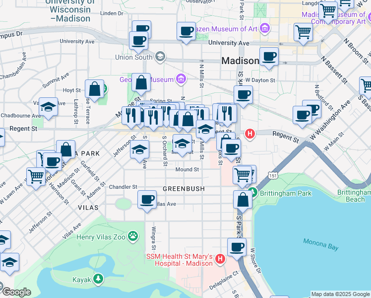 map of restaurants, bars, coffee shops, grocery stores, and more near 1132 Milton Street in Madison