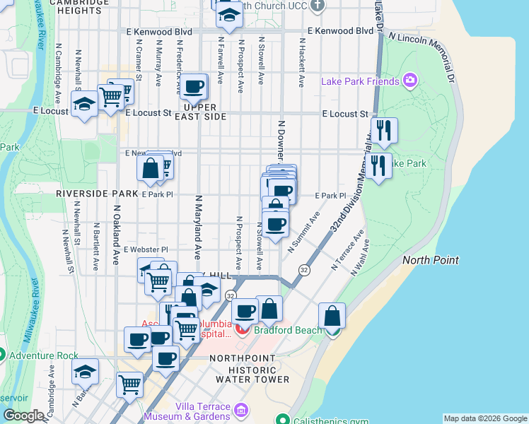 map of restaurants, bars, coffee shops, grocery stores, and more near 2618 North Stowell Avenue in Milwaukee