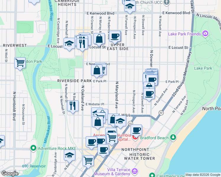 map of restaurants, bars, coffee shops, grocery stores, and more near 2616 North Frederick Avenue in Milwaukee