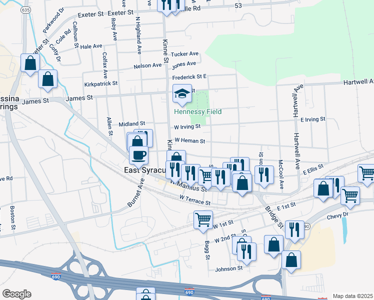 map of restaurants, bars, coffee shops, grocery stores, and more near 224 West Yates Street in East Syracuse