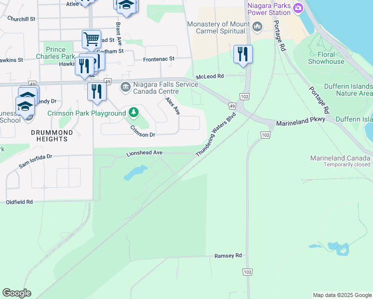 map of restaurants, bars, coffee shops, grocery stores, and more near 7211 Lionshead Avenue in Niagara Falls
