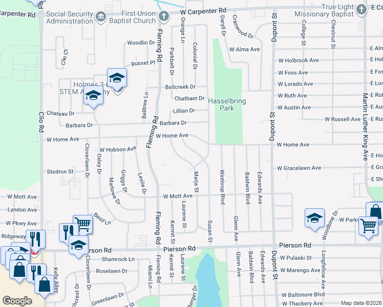 map of restaurants, bars, coffee shops, grocery stores, and more near 5915 Susan Street in Flint