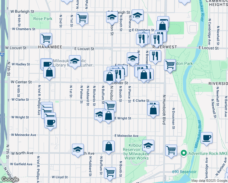 map of restaurants, bars, coffee shops, grocery stores, and more near 2631 North Booth Street in Milwaukee
