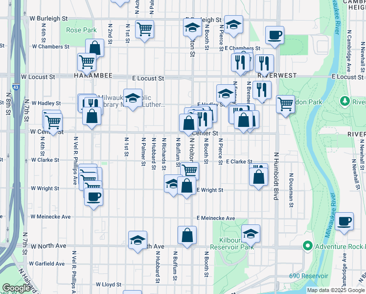 map of restaurants, bars, coffee shops, grocery stores, and more near 2630 North Buffum Street in Milwaukee