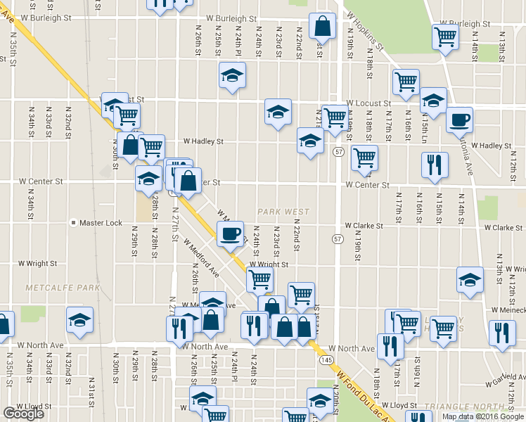 map of restaurants, bars, coffee shops, grocery stores, and more near 2618 North 24th Street in Milwaukee