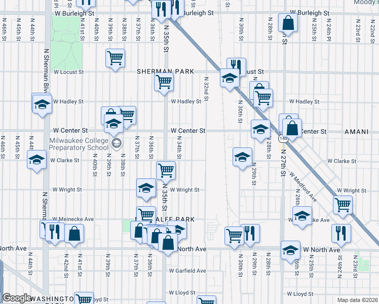 map of restaurants, bars, coffee shops, grocery stores, and more near 2619 North 33rd Street in Milwaukee