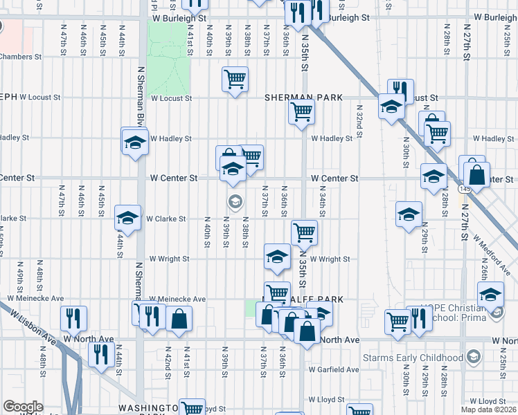 map of restaurants, bars, coffee shops, grocery stores, and more near 2617 North 37th Street in Milwaukee