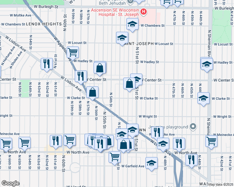 map of restaurants, bars, coffee shops, grocery stores, and more near 2614 North 53rd Street in Milwaukee