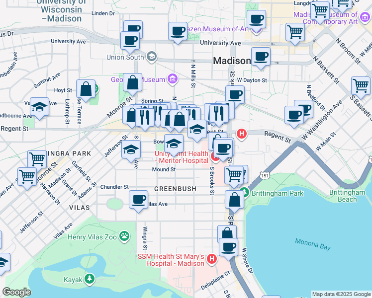 map of restaurants, bars, coffee shops, grocery stores, and more near 36 South Mills Street in Madison