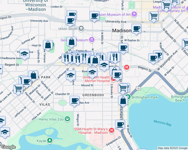 map of restaurants, bars, coffee shops, grocery stores, and more near 1132 Milton Street in Madison