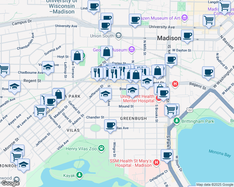 map of restaurants, bars, coffee shops, grocery stores, and more near 44 South Orchard Street in Madison