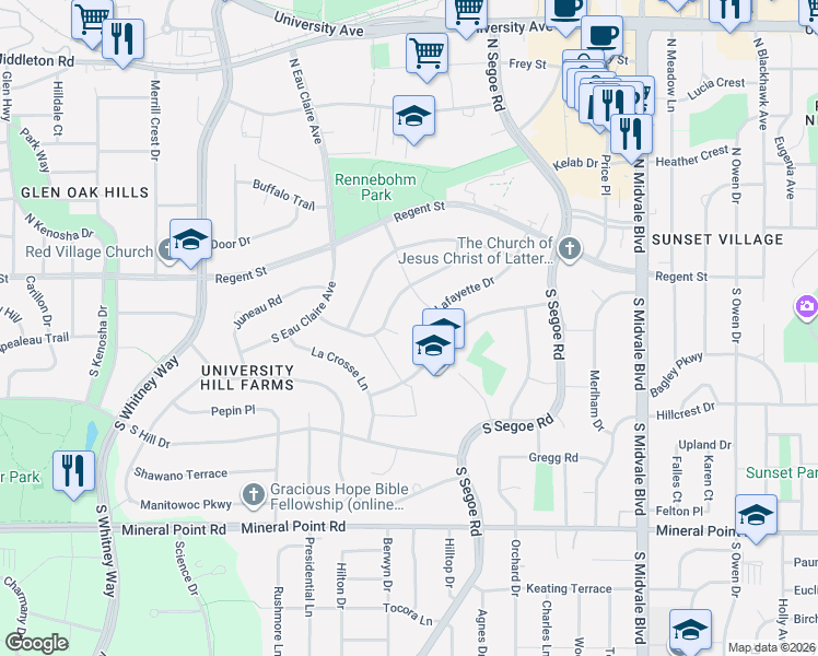 map of restaurants, bars, coffee shops, grocery stores, and more near 4754 Lafayette Drive in Madison