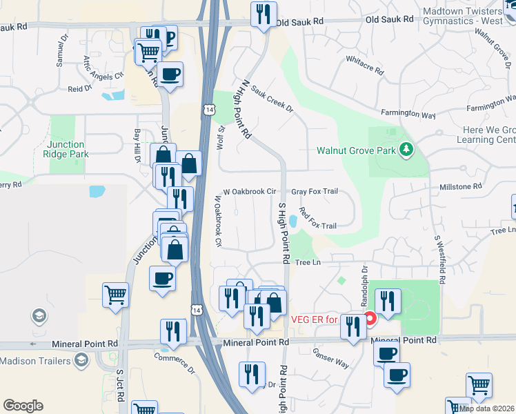 map of restaurants, bars, coffee shops, grocery stores, and more near 7818 East Oakbrook Circle in Madison