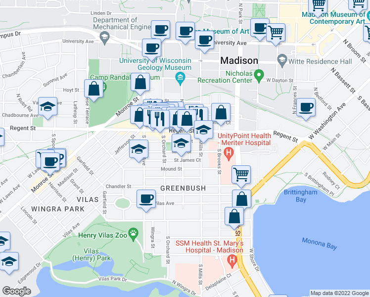 map of restaurants, bars, coffee shops, grocery stores, and more near 1132 Milton Street in Madison